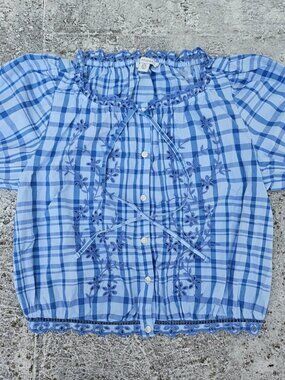 Free Assembly Women Top Blouse Short Sleeve Blue Cotton Shirt Size XS 0-2 NWT
